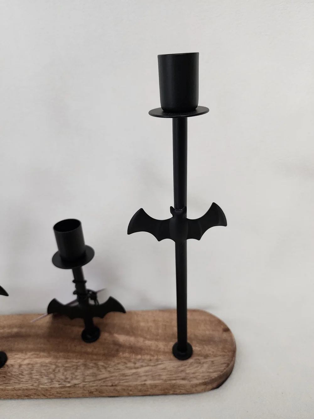 Black Bat Accent Candle Holder on Wood Base - Halloween Decor